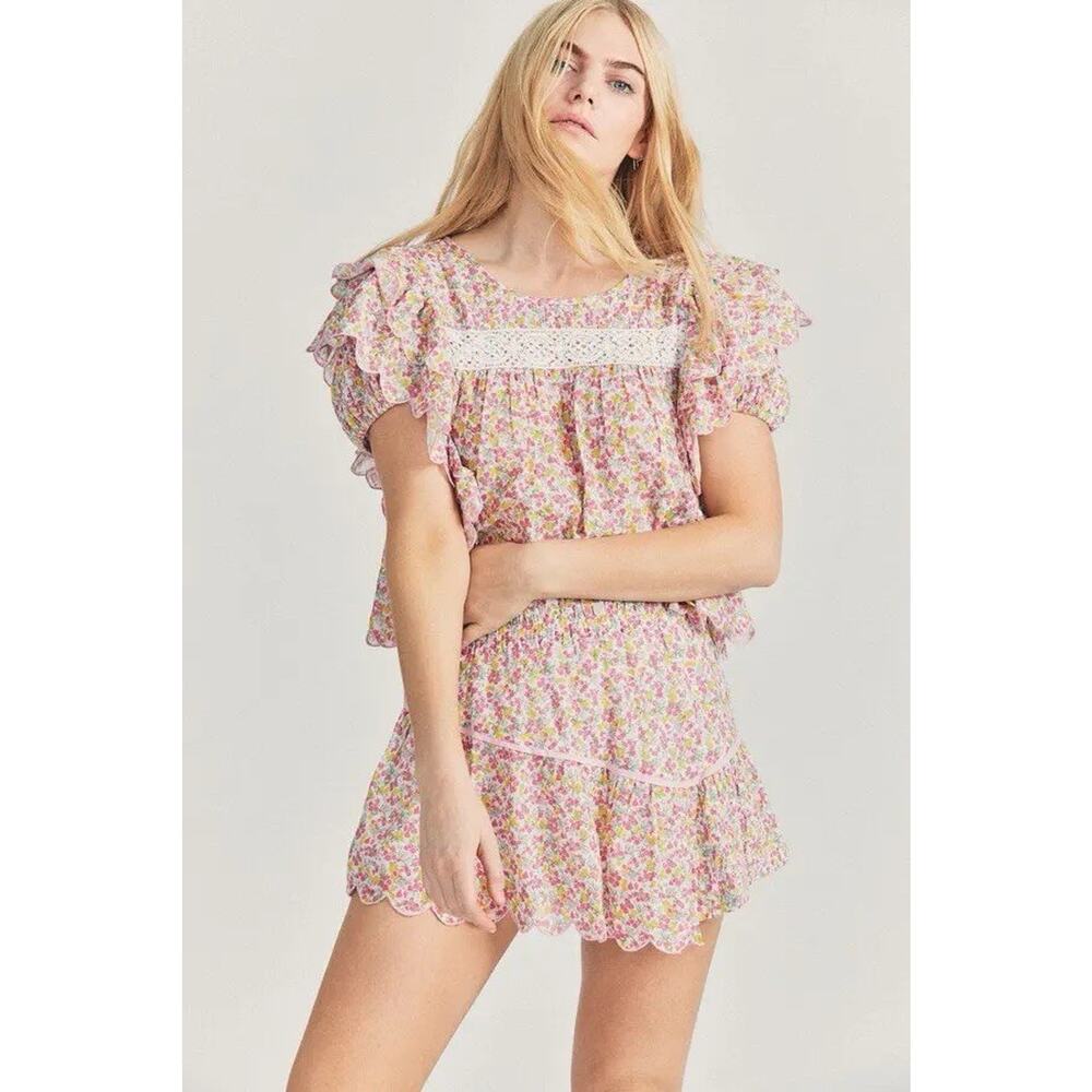 Love Shack Fancy Top Womens Large Nelson Top in Fruity Punch Ditsy Floral Ruffle